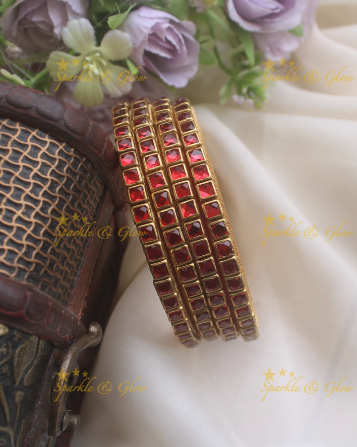 Silk thread kundan square stone bangle set of four - Transparent Red