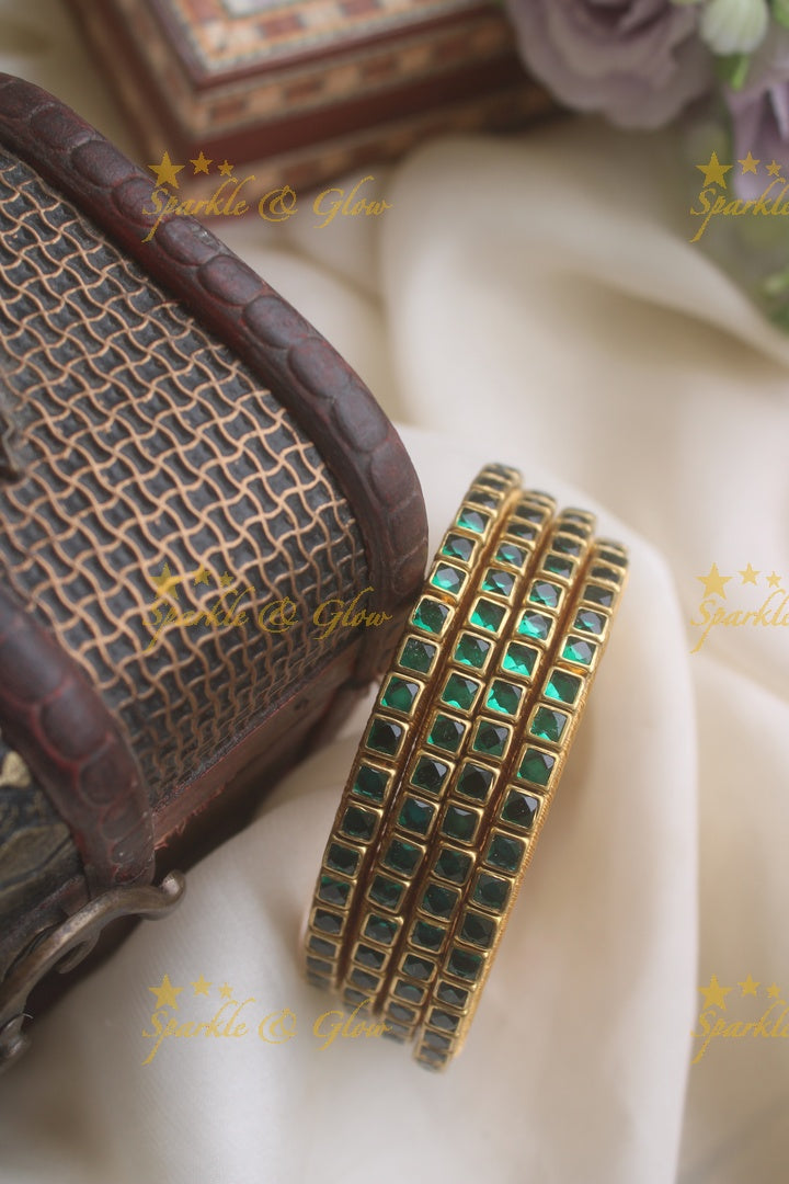 Silk thread kundan square stone bangle set of four - Transparent Green