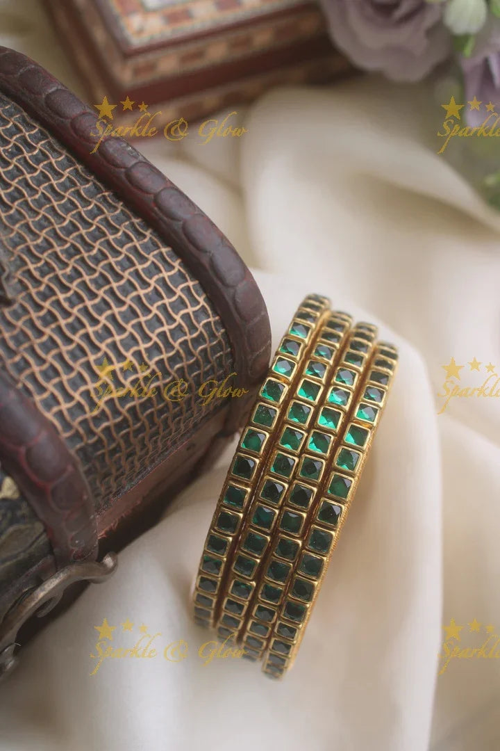 Silk thread kundan square stone bangle set of four - Transparent Green - Sparkle and Glow