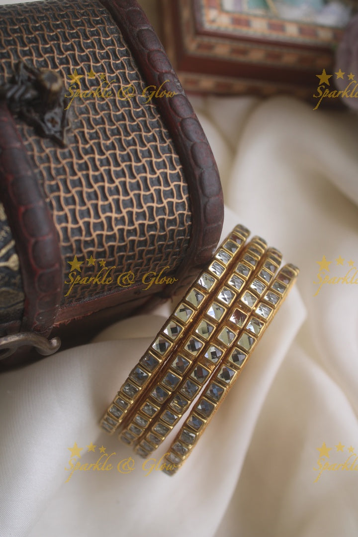 Silk thread kundan square stone bangle set of four - Transparent White