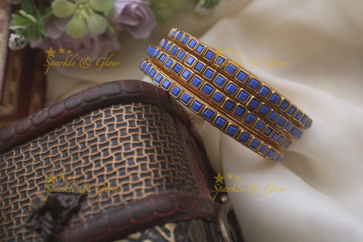 Silk thread kundan square stone bangle set of four - Blue