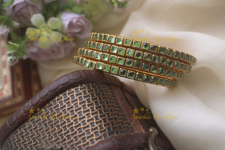 Silk thread kundan square stone bangle set of four - Transparent Light Green