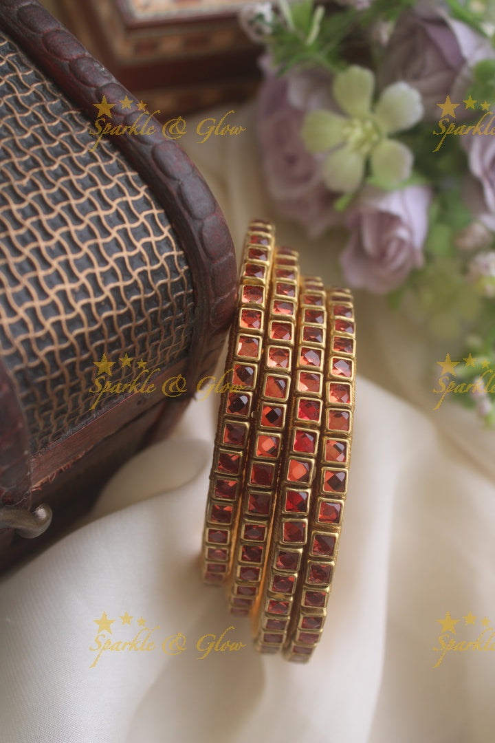 Silk thread kundan square stone bangle set of four - Transparent Orange