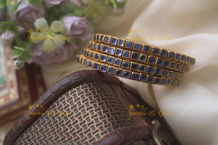 Silk thread kundan square stone bangle set of four - Transparent Dark Blue