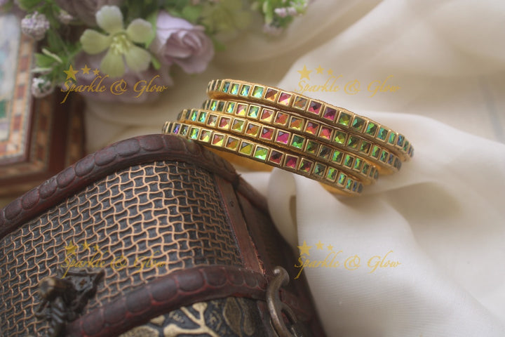 Silk thread kundan square stone bangle set of four - Multi