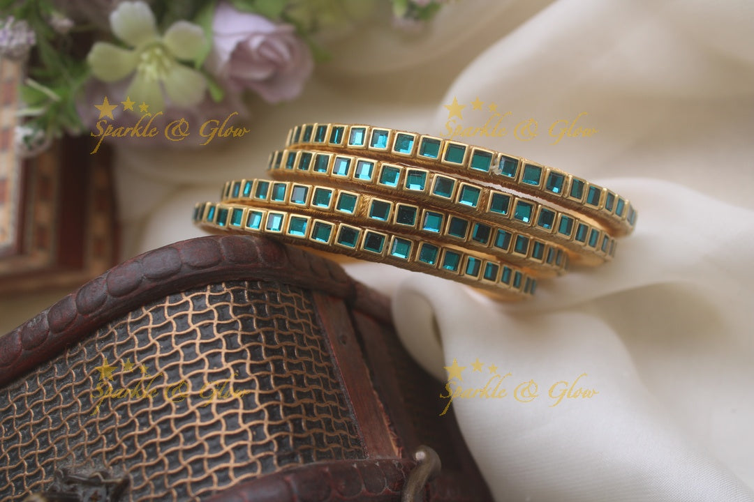 Silk thread kundan square stone bangle set of four - Transparent Teal