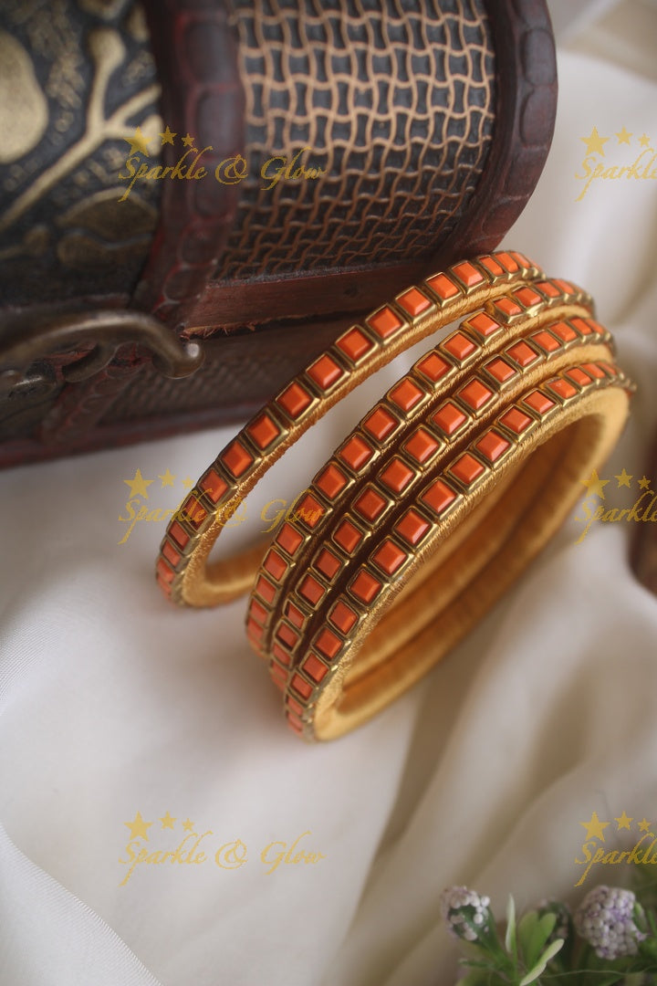 Silk thread kundan square stone bangle set of four