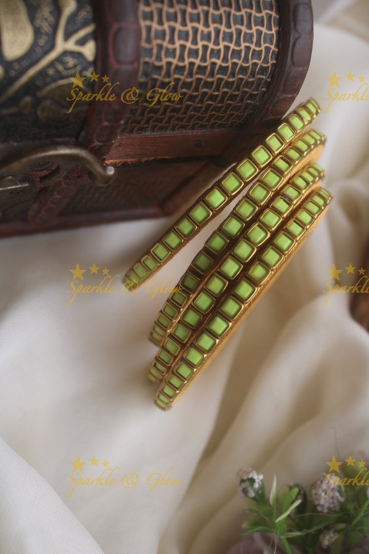 Silk thread kundan square stone bangle set of four - Fluorescent Yellow
