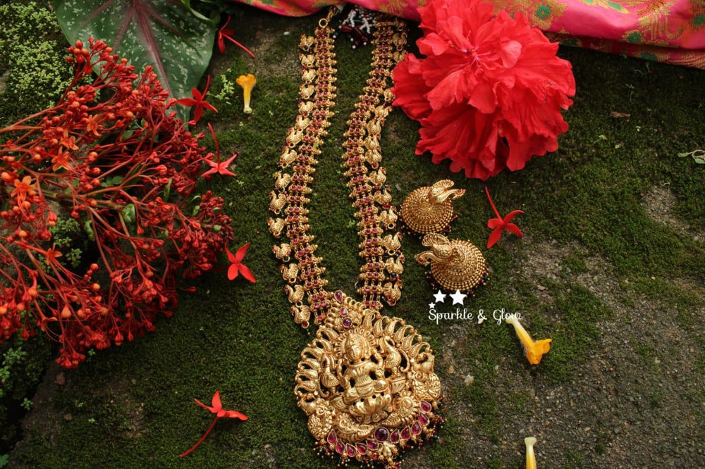 Gold alike Lakshmi haram with peacock and pearl emblishments - Sparkle and Glow