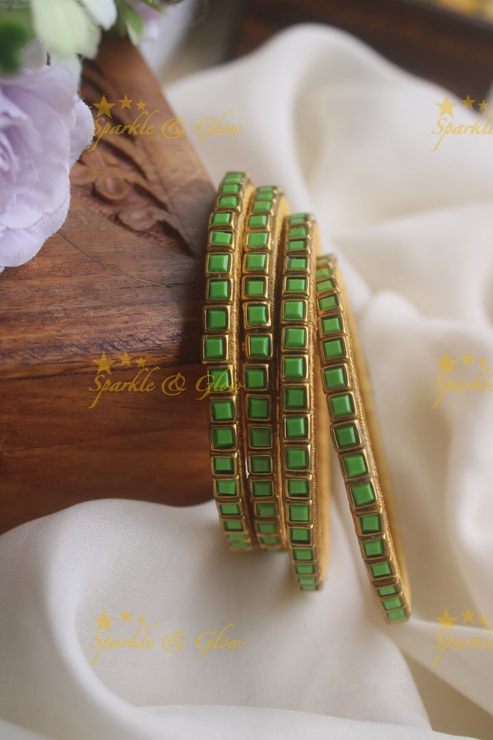 Silk thread kundan square stone bangle set of four - Light Green