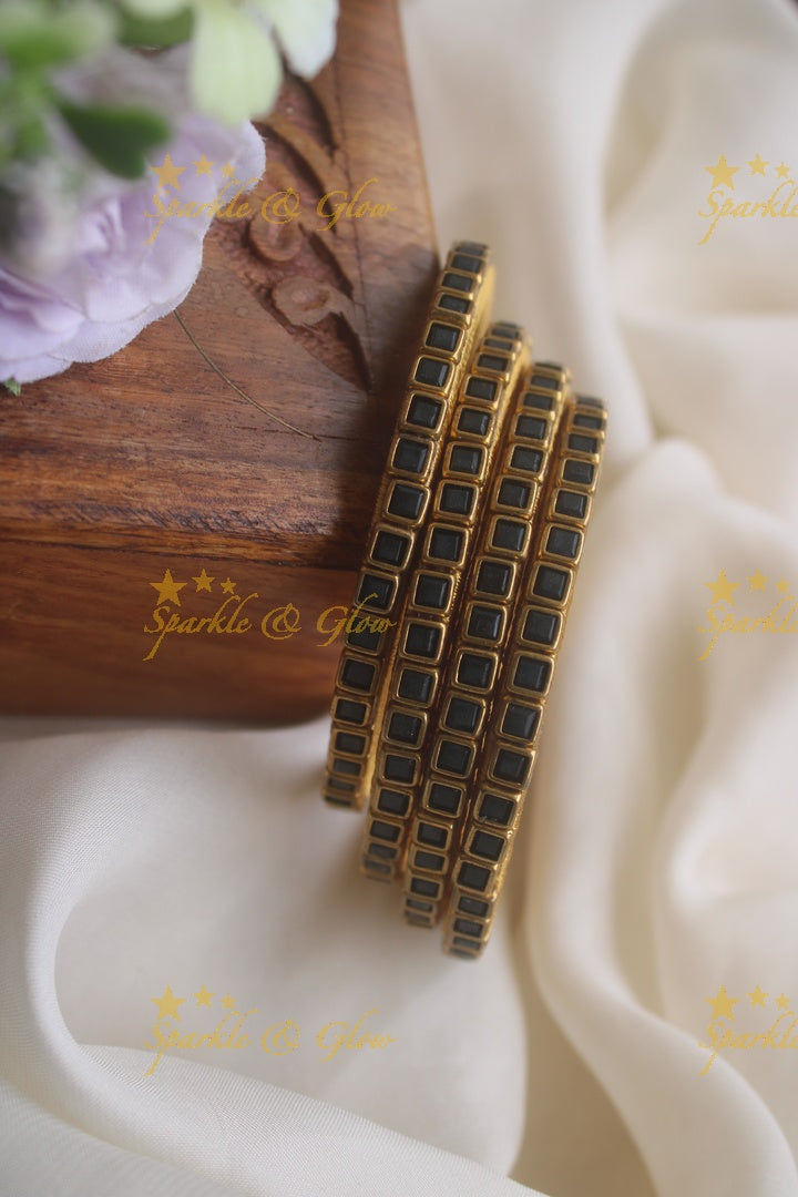 Silk thread kundan square stone bangle set of four - Black