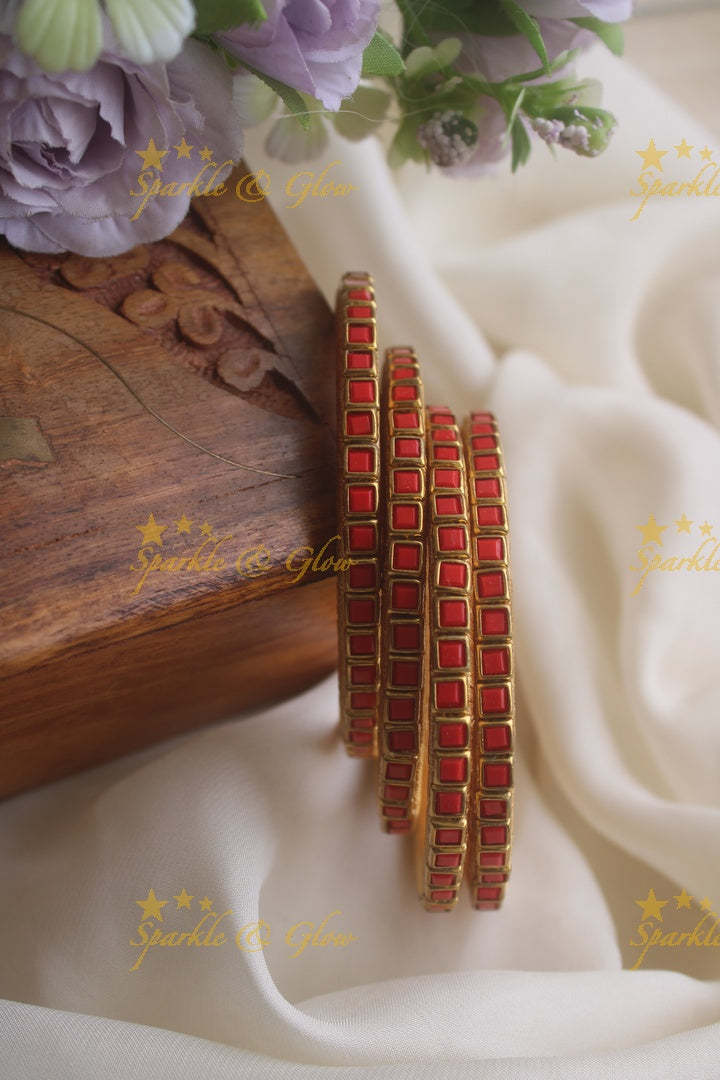 Silk thread kundan square stone bangle set of four -