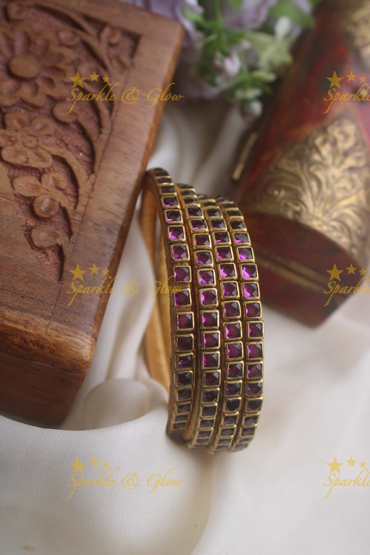 Silk thread kundan square stone bangle set of four - Transparent Violet