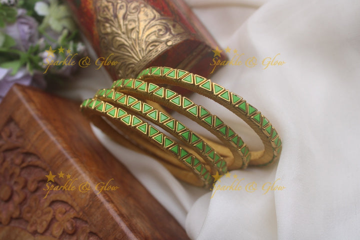 Silk thread kundan traingle shape stone bangle set of four - Light Green