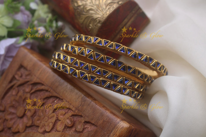 Silk thread kundan traingle shape stone bangle set of four - Transparent Dark Blue