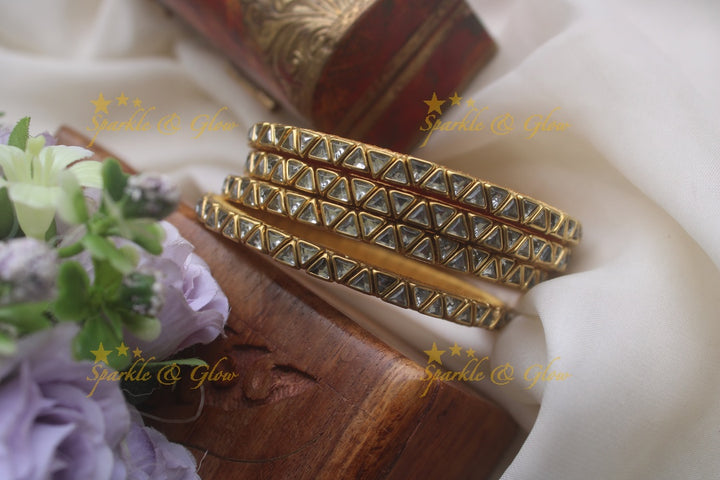 Silk thread kundan traingle shape stone bangle set of four - White