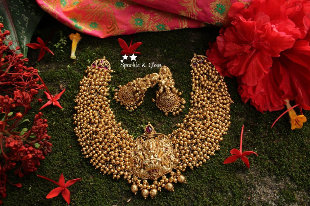 Gold alike Gold beads Cluster Lakshmi short or choker necklace - Multi - Sparkle and Glow