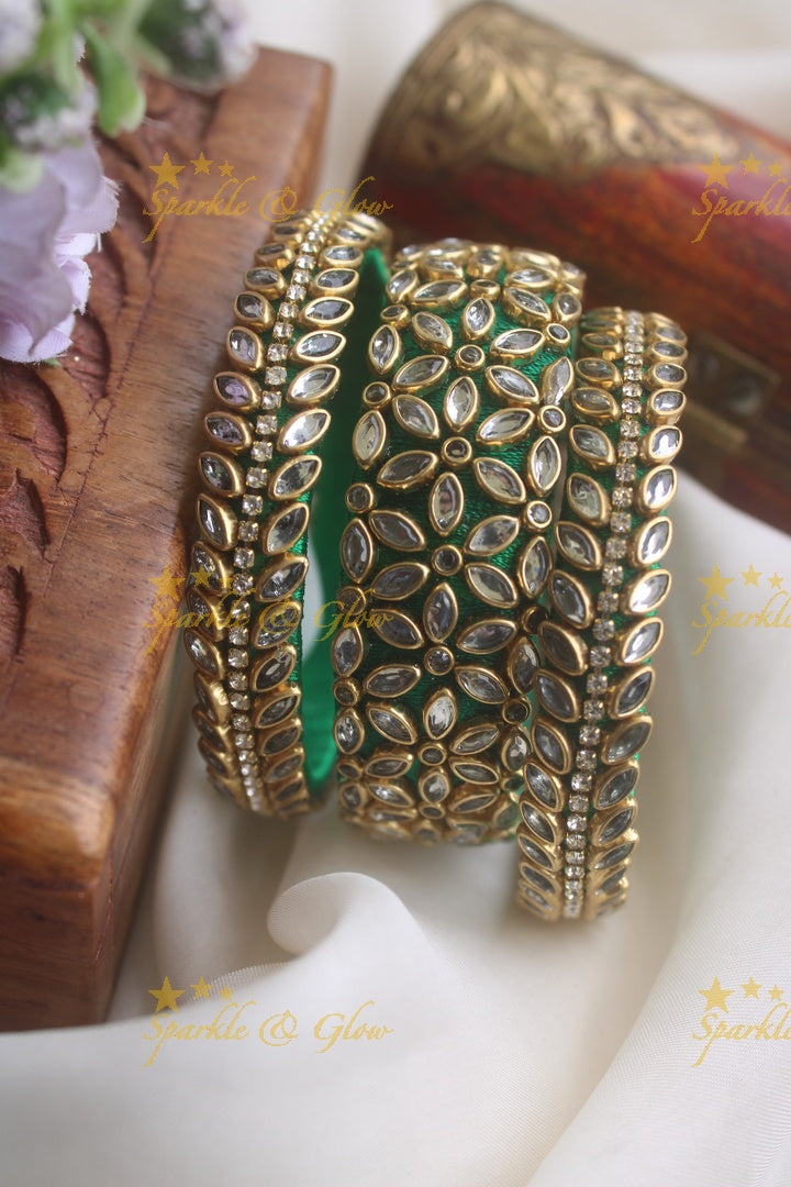 Silk thread kundan stone bangle set of three - Blue