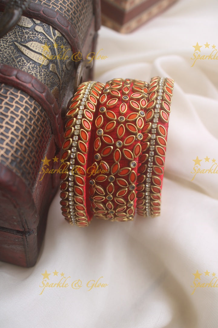Silk thread kundan stone bangle set of three - Blue