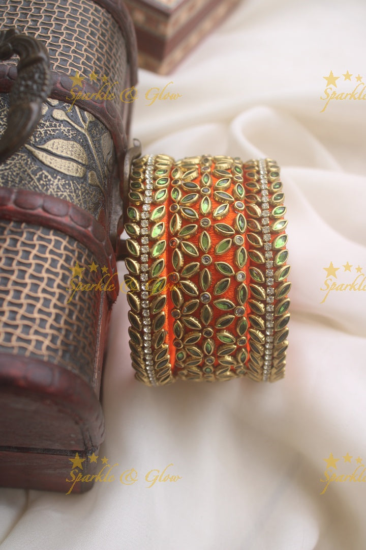 Silk thread kundan stone bangle set of three - Blue