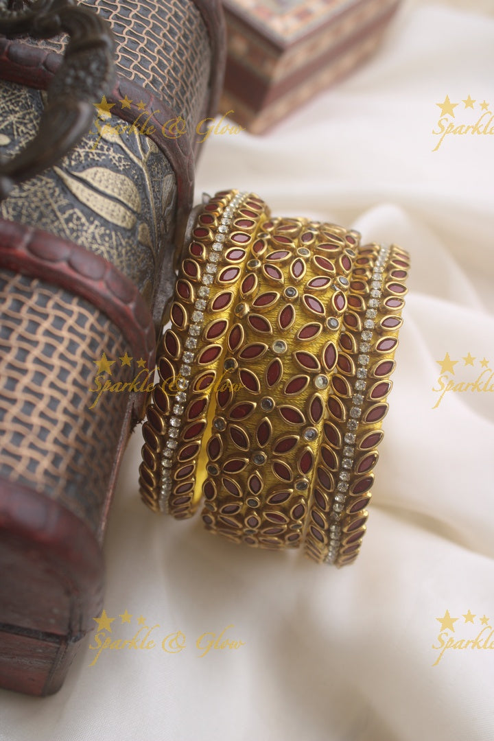 Silk thread kundan stone bangle set of three - Blue