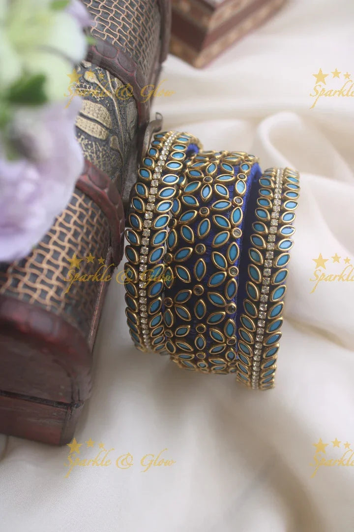 Silk thread kundan stone bangle set of three - Green - Sparkle and Glow