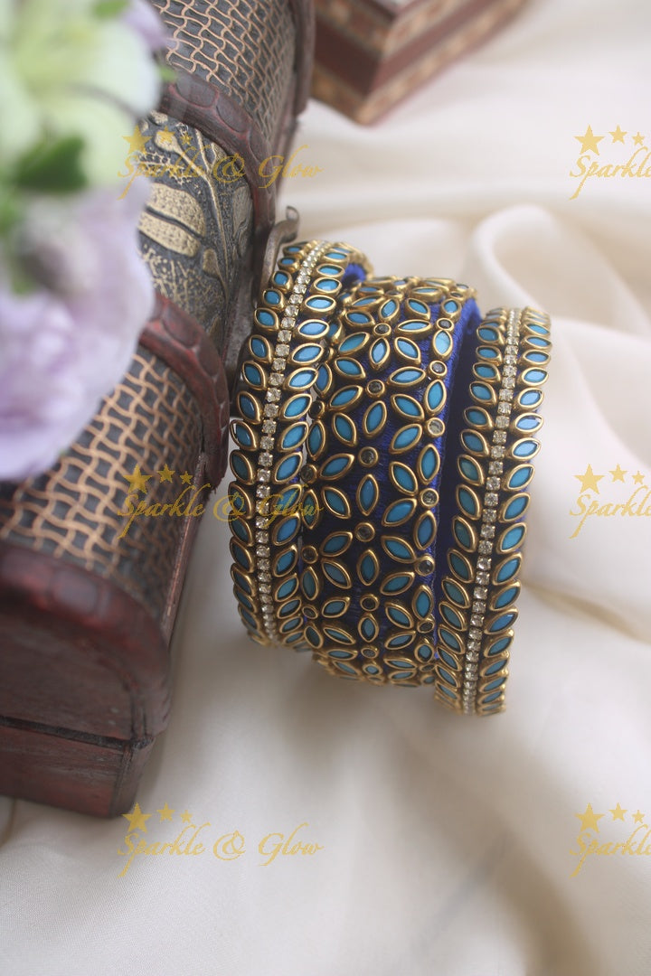 Silk thread kundan stone bangle set of three - Blue
