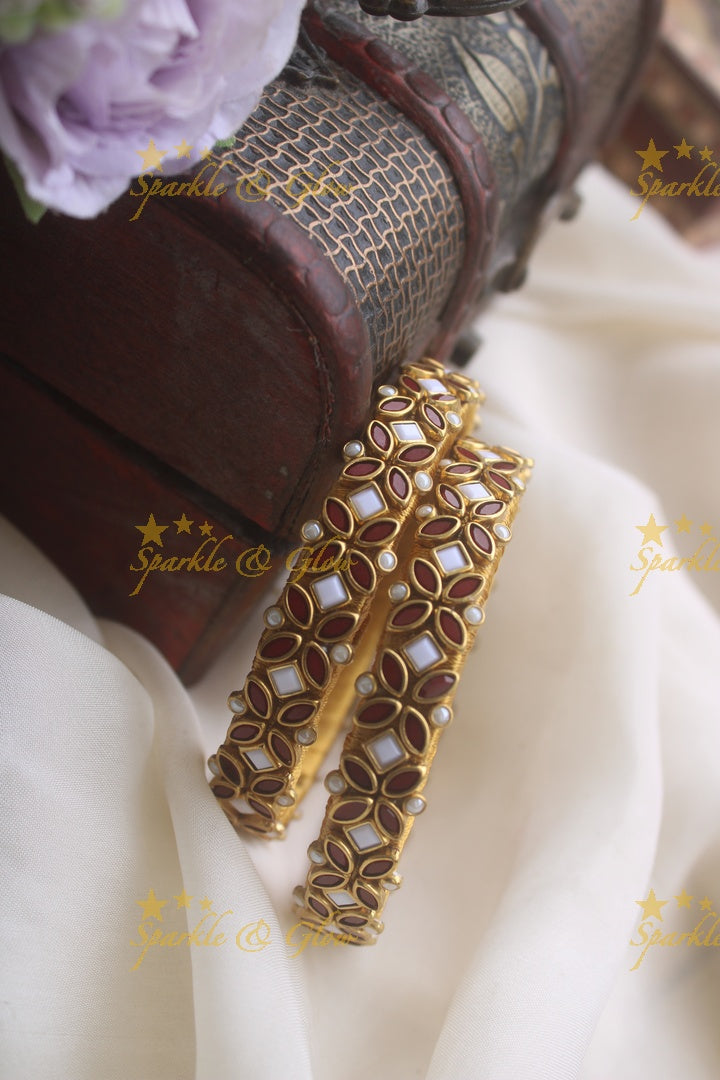 Silk thread flower design bangle a pair - Maroon