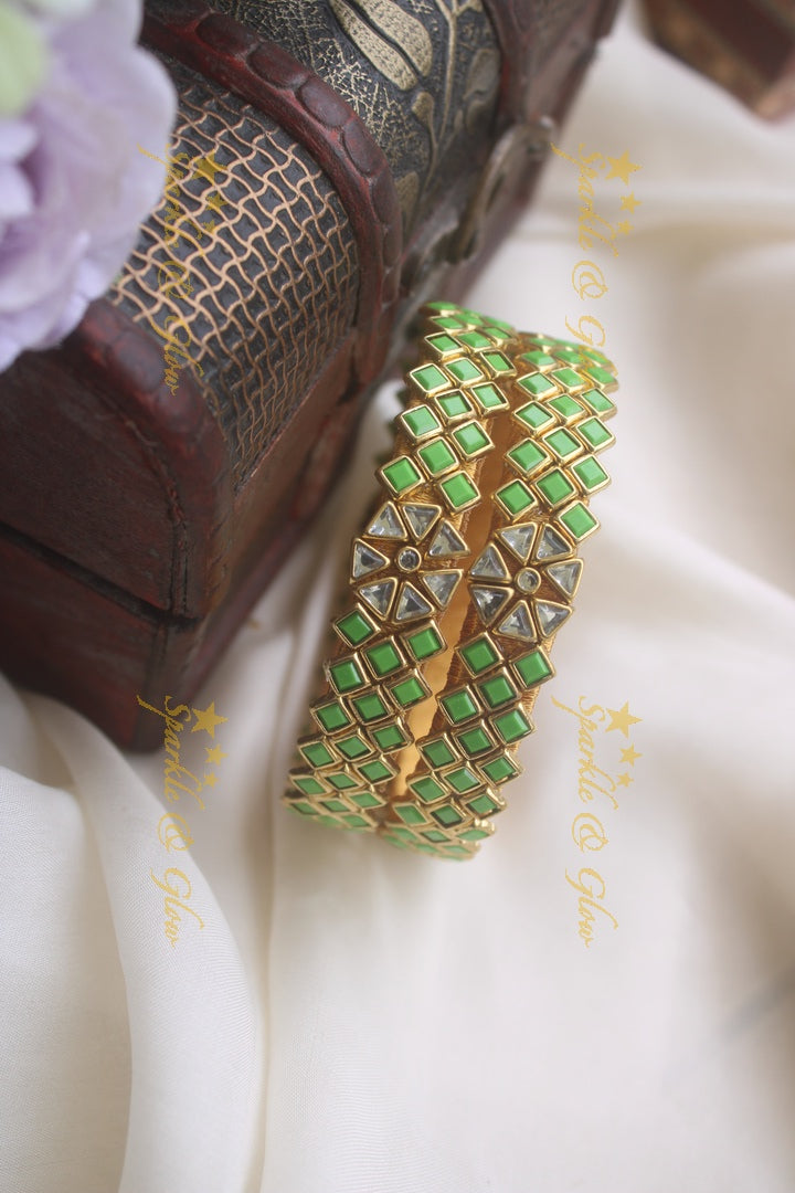 Silk thread triangle shape center flower design kundan stone bangle - a pair - White