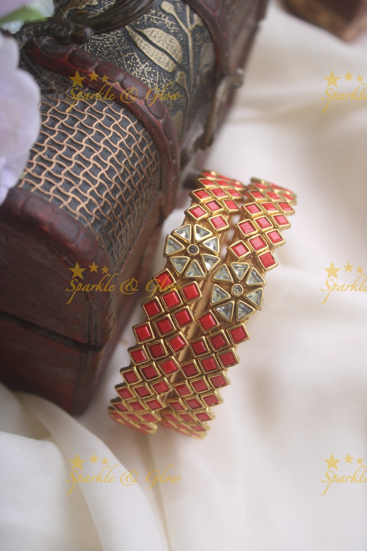 Silk thread triangle shape center flower design kundan stone bangle - a pair - White