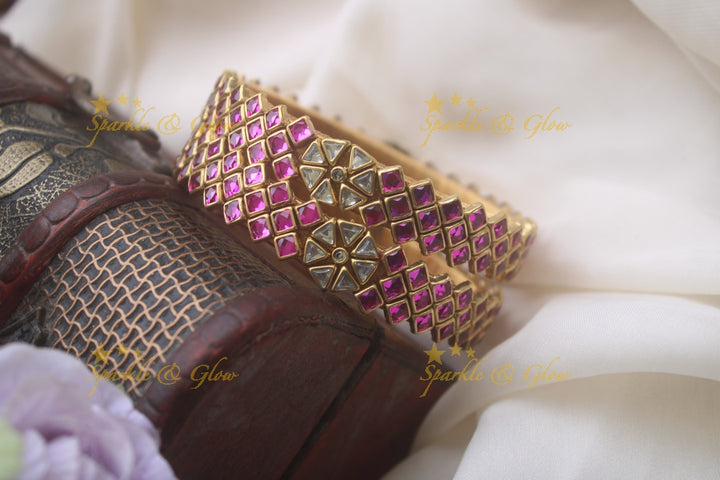 Silk thread triangle shape center flower design kundan stone bangle - a pair - White