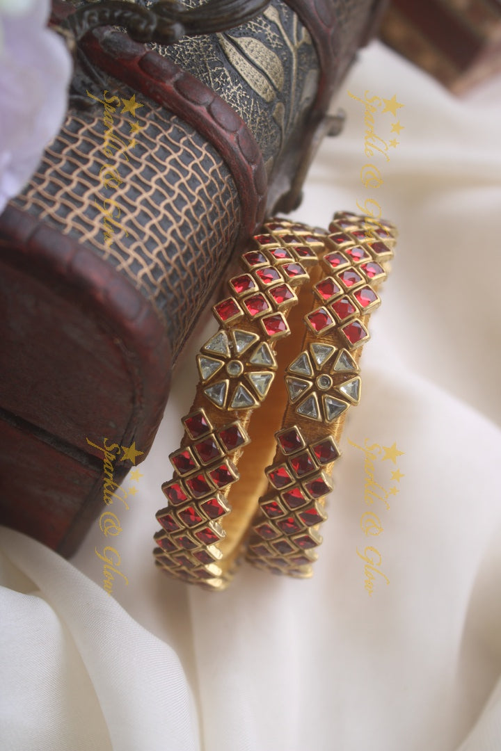 Silk thread triangle shape center flower design kundan stone bangle - a pair - White