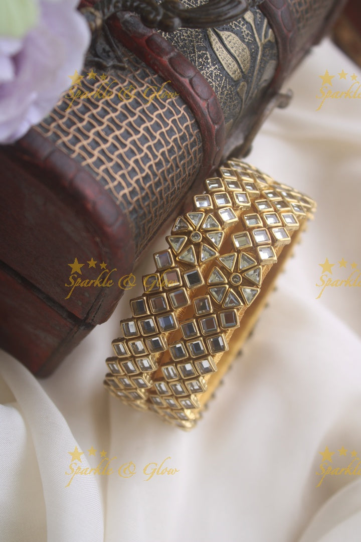 Silk thread triangle shape center flower design kundan stone bangle - a pair - White