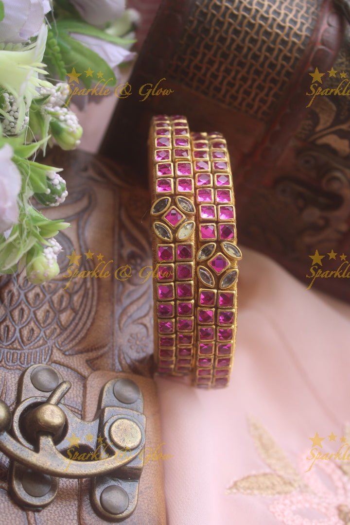 Two line sqare shape center flower design kundan stone silk thread bangle - a pair - Pink - Sparkle and Glow - Pink - 