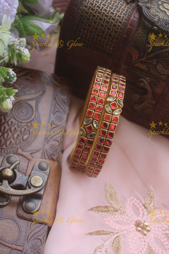 Two line sqare shape center flower design kundan stone silk thread bangle  - a pair - Red