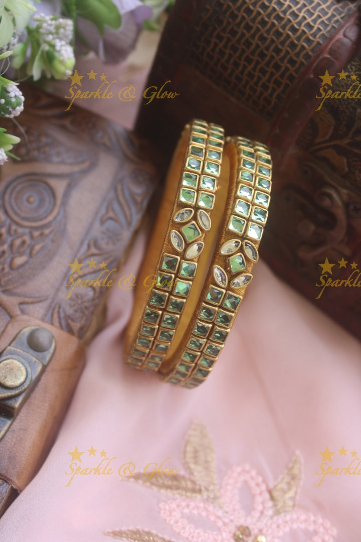Two line sqare shape center flower design kundan stone silk thread bangle  - a pair - Dark Green
