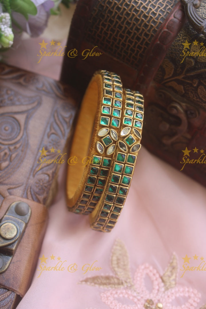 Two line sqare shape center flower design kundan stone silk thread bangle  - a pair - Pink