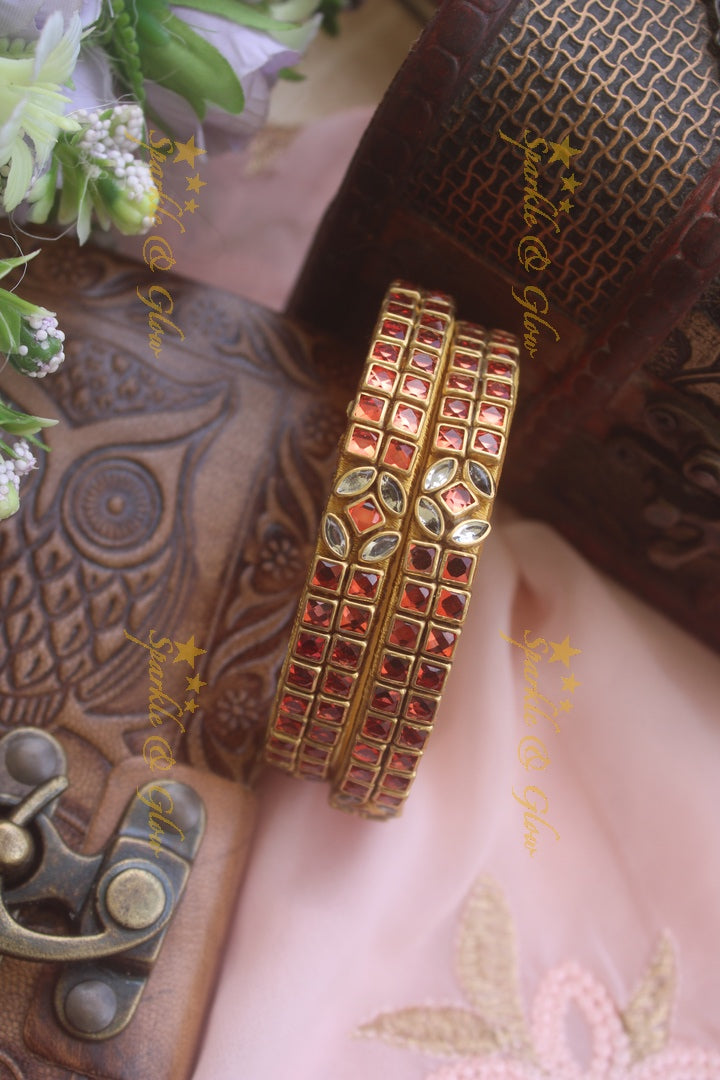 Two line sqare shape center flower design kundan stone silk thread bangle  - a pair - Pink
