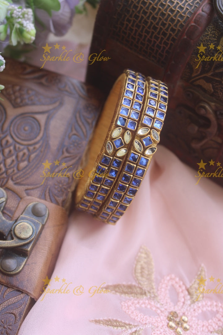 Two line sqare shape center flower design kundan stone silk thread bangle  - a pair - Blue