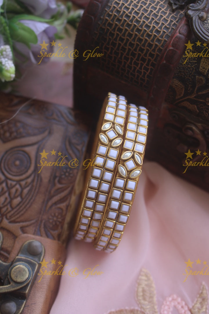 Two line sqare shape center flower design kundan stone silk thread bangle  - a pair - Pink