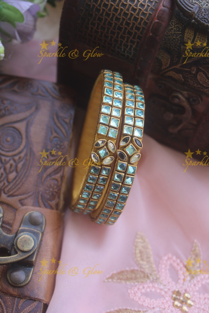 Two line sqare shape center flower design kundan stone silk thread bangle  - a pair - Dark Green