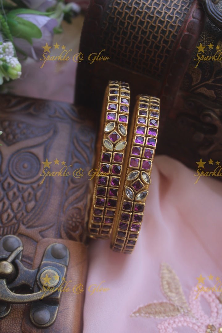 Two line sqare shape center flower design kundan stone silk thread bangle - a pair - Pink - Sparkle and Glow - Purple - 