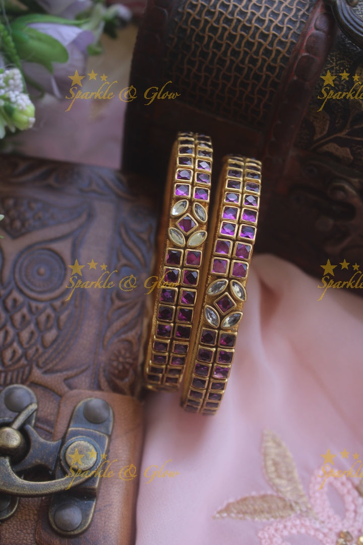 Two line sqare shape center flower design kundan stone silk thread bangle  - a pair - Light Green