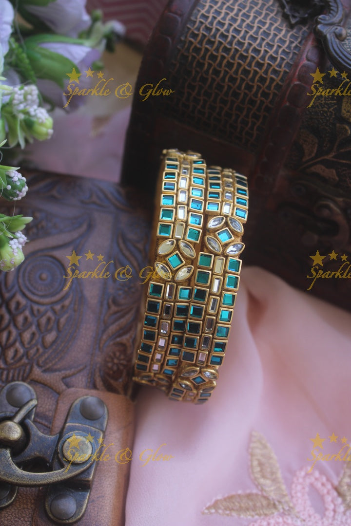 Two line sqare shape  middle line -  center flower design kundan stone silk thread bangle  - a pair - Purple