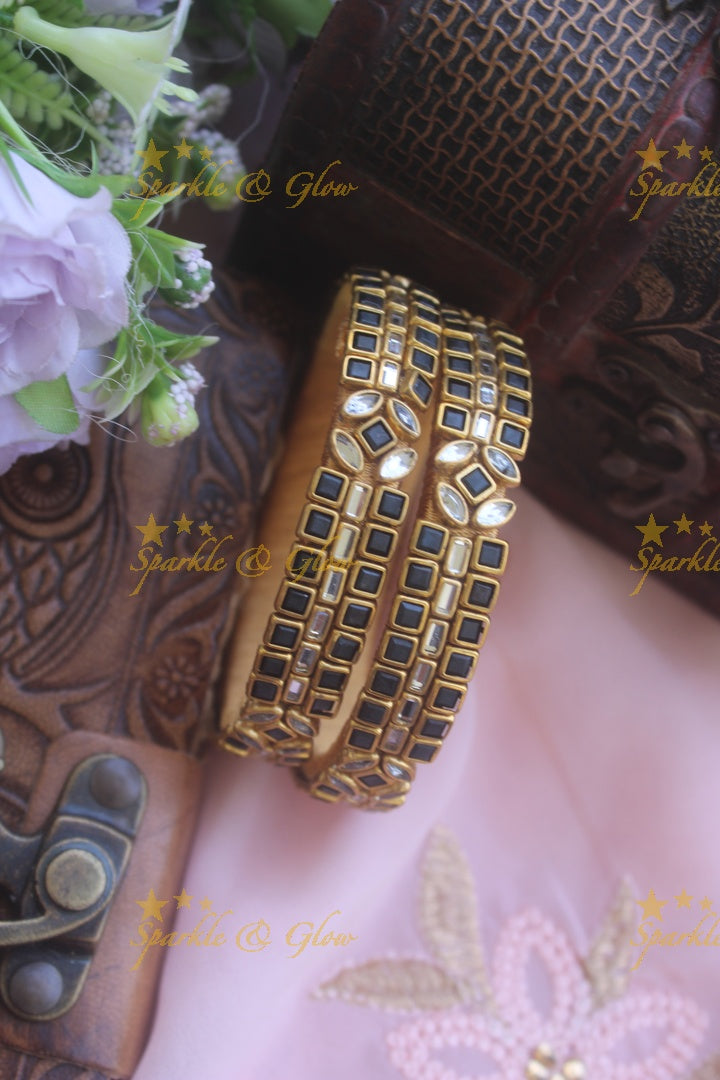 Two line sqare shape  middle line -  center flower design kundan stone silk thread bangle  - a pair - Purple