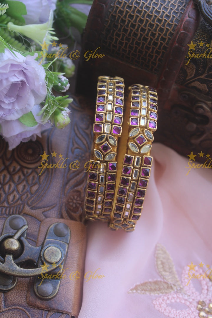 Two line sqare shape  middle line -  center flower design kundan stone silk thread bangle  - a pair - Purple