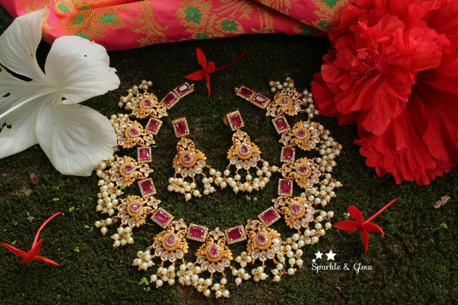 Matte gold ruby stones peacock gutta pusalu - Pink - Sparkle and Glow