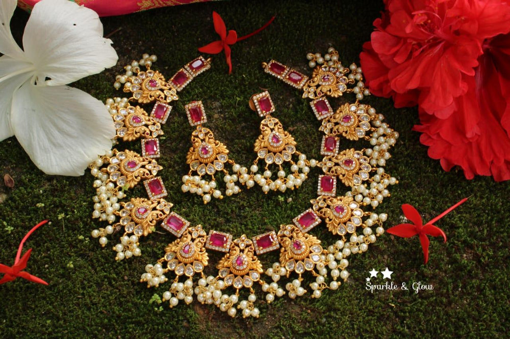 Matte gold ruby stones peacock gutta pusalu - Pink - Sparkle and Glow