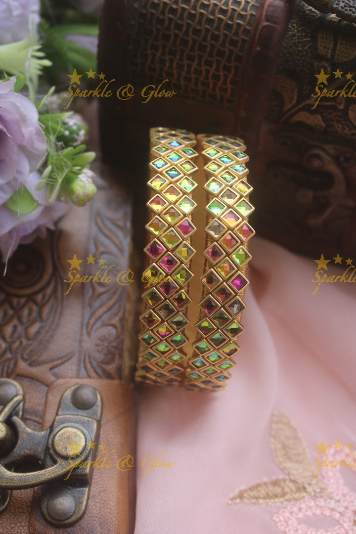 Diamond Shaped kundan stones silk thread bangle - a pair - Multi