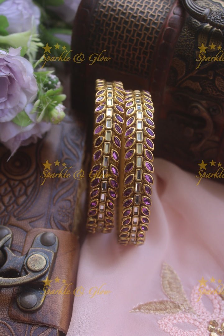 Three line leaf and rectangle shape kundan stones silk thread bangle - a pair - Blue - Sparkle and Glow - Purple - 